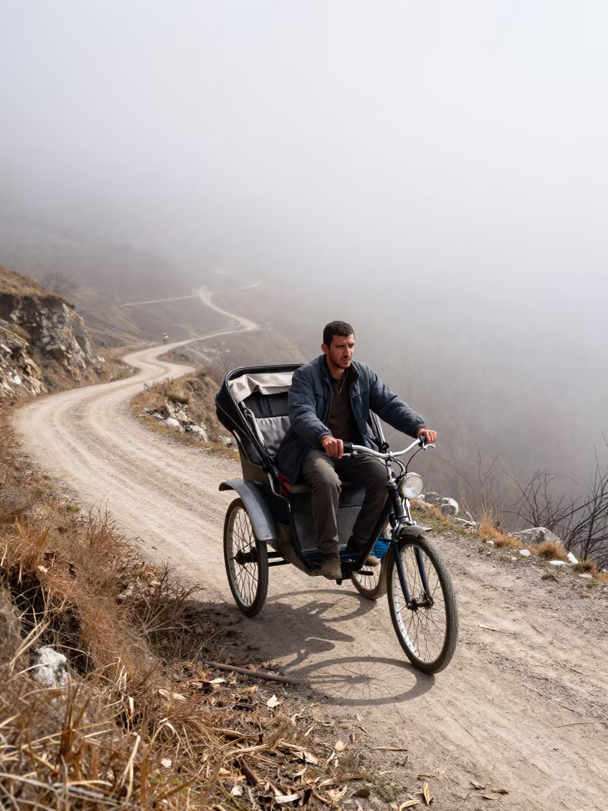 Rickshaw Driver on Mountain Path Near Timisoara in on a mountain path near Timisoara
