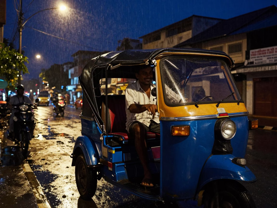 Rickshaw Driver Smiling Under Deep Night Sky in Chennai India Monsoon Atmosphere in in Chennai, India