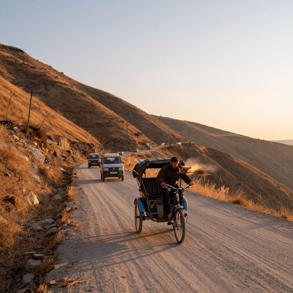 Rickshaw Driver Sunrise Mountain Path Odessa in on a mountain path near Odessa