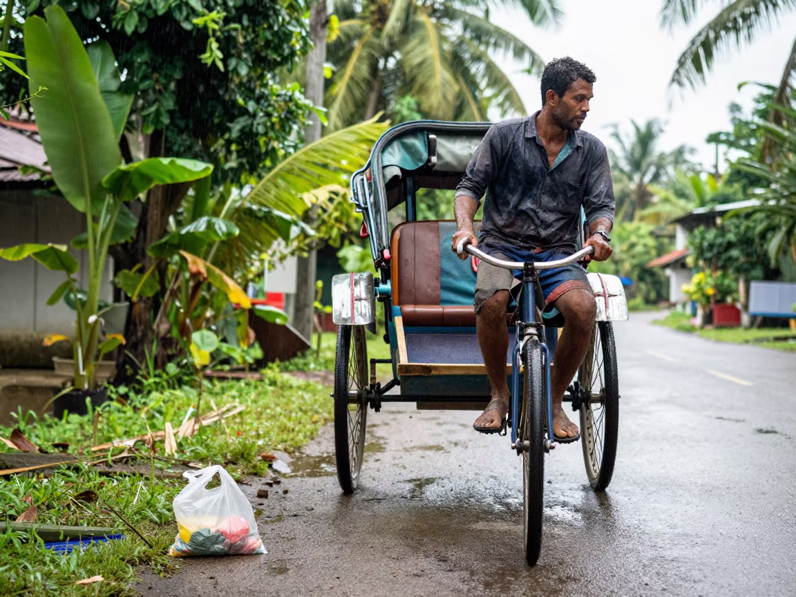 Rickshaw Driver in Tropical Village Traffic in in a village lane near Concordia