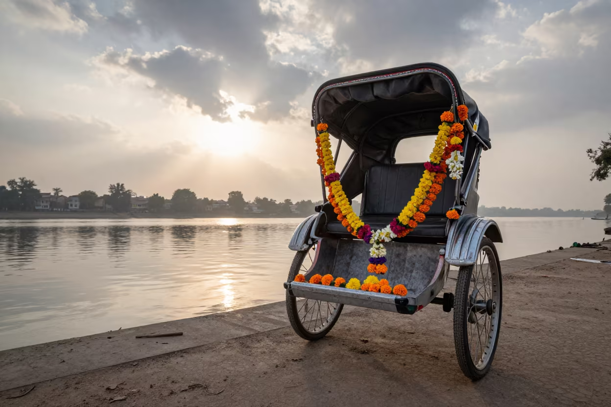 Rickshaw with Festive Garlands at Lahore Waterfront Dawn in at a waterfront celebration near Lahore