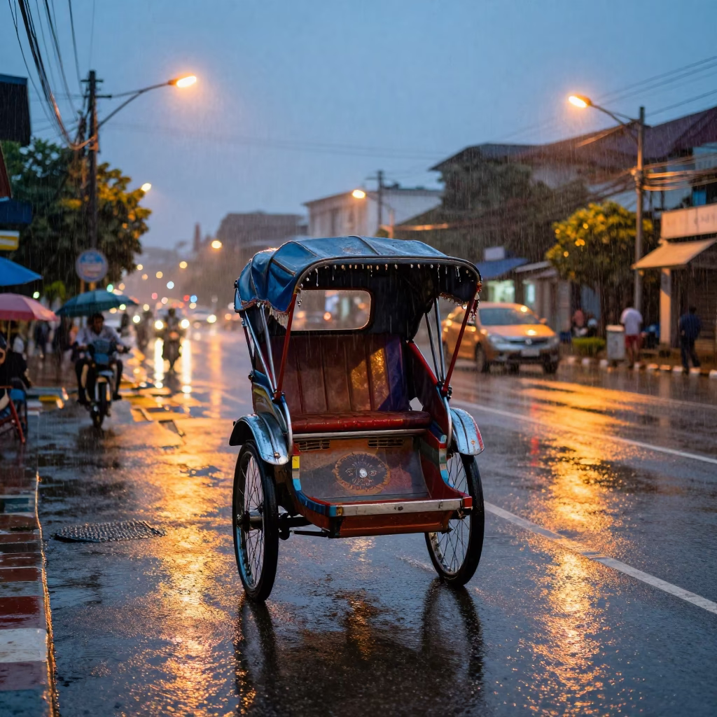 Rickshaw in Monsoon Rain at Blue Hour in Phnom Penh Cambodia Street Scene in in Phnom Penh, Cambodia