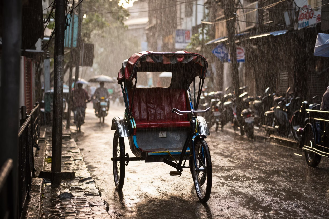 Rickshaw in Monsoon Rain Kolkata India First Light Dawn Street Scene in in Kolkata, India