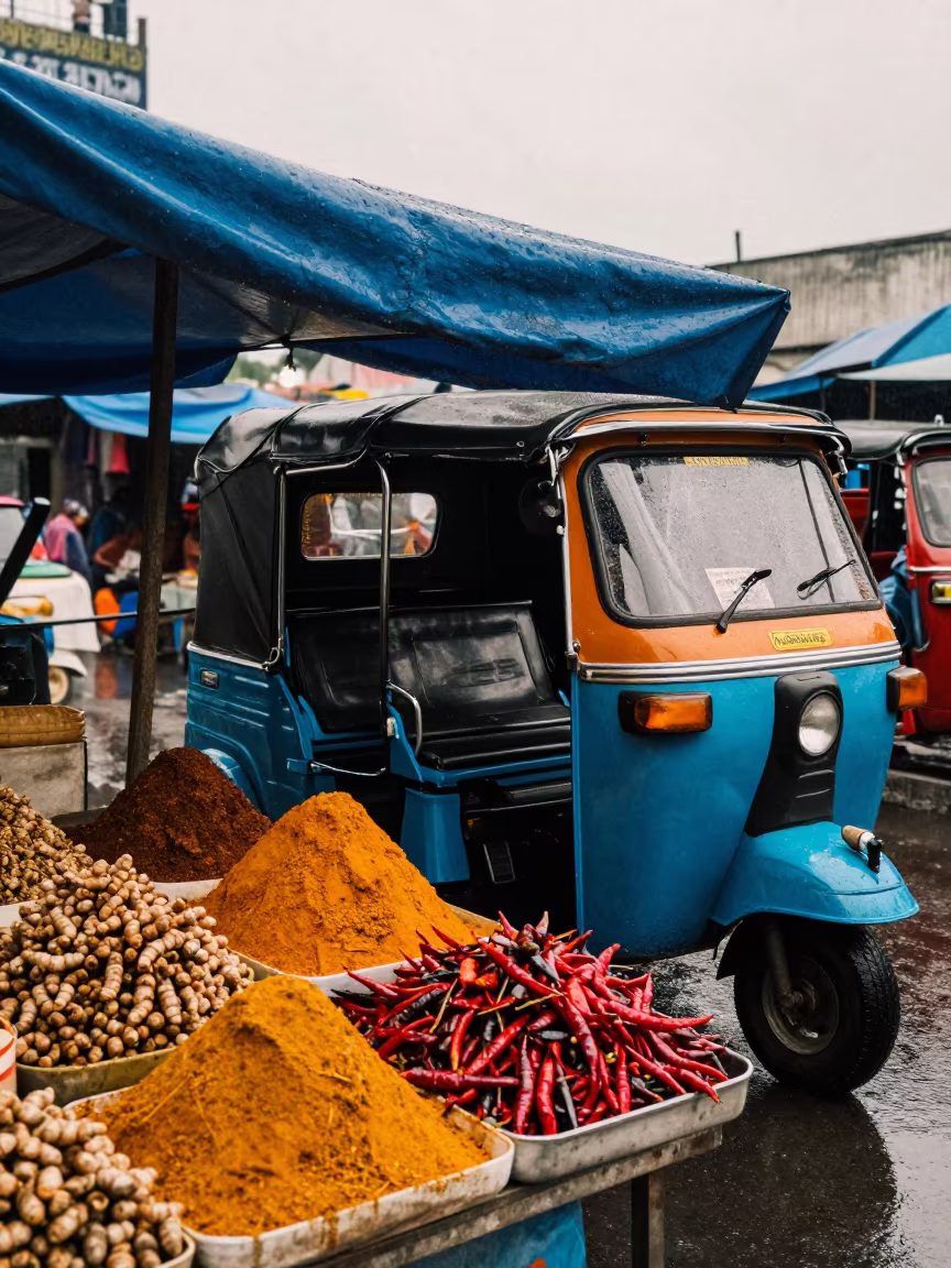Rickshaw in Kosti Spice Market at Dawn in at a spice vendor's table in Kosti