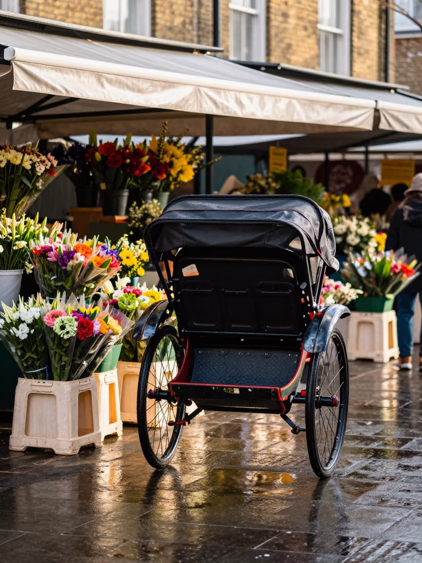 Rickshaw in London Flower Market in at a flower auction bench in London