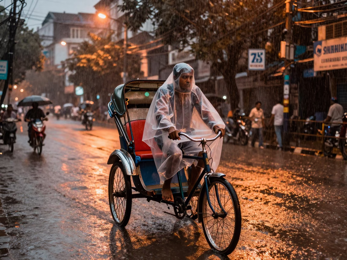Rickshaw Navigating Monsoon Rain in Kolkata India Under Copper Toned Dusk Light in in Kolkata, India