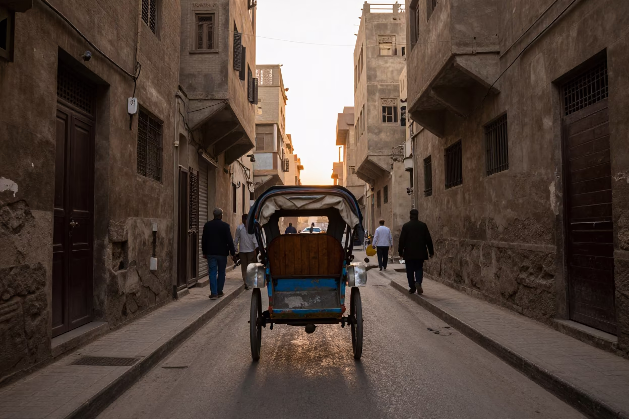 Rickshaw Puller Navigating Narrow Cairo Lanes Amidst First Light Morning Traffic in in Cairo, Egypt