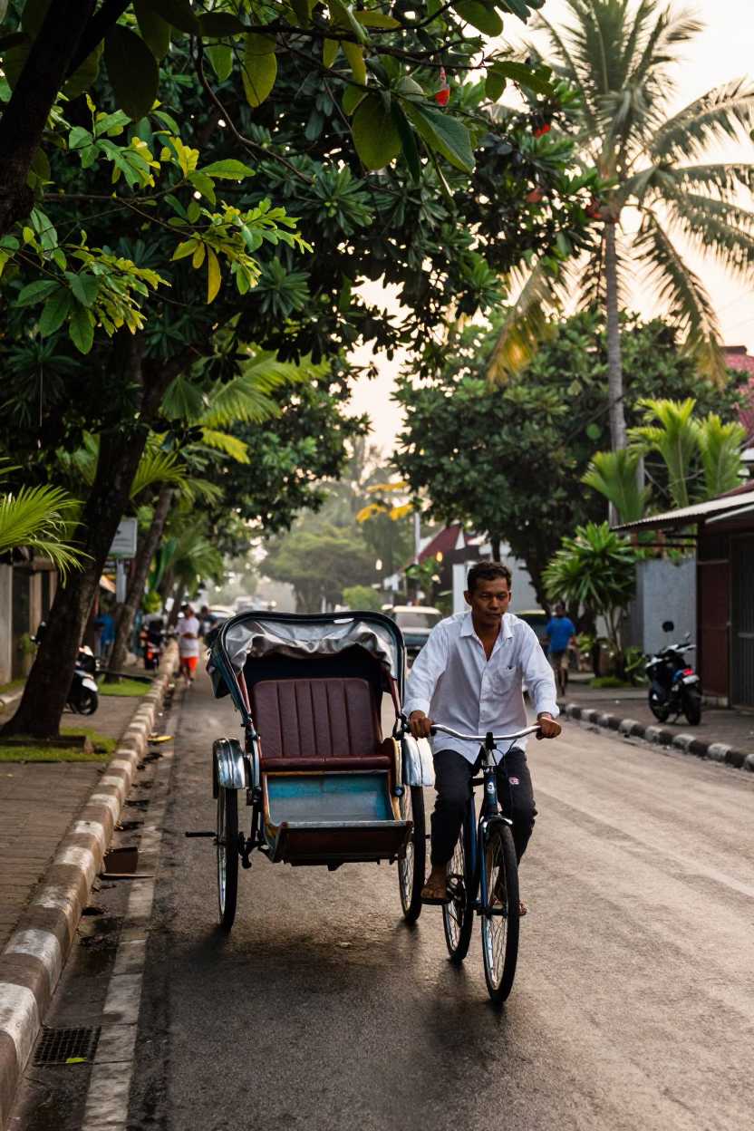 Rickshaw Puller Navigating Narrow Lanes in Denpasar Indonesia at Nautical Dawn in in Denpasar, Indonesia