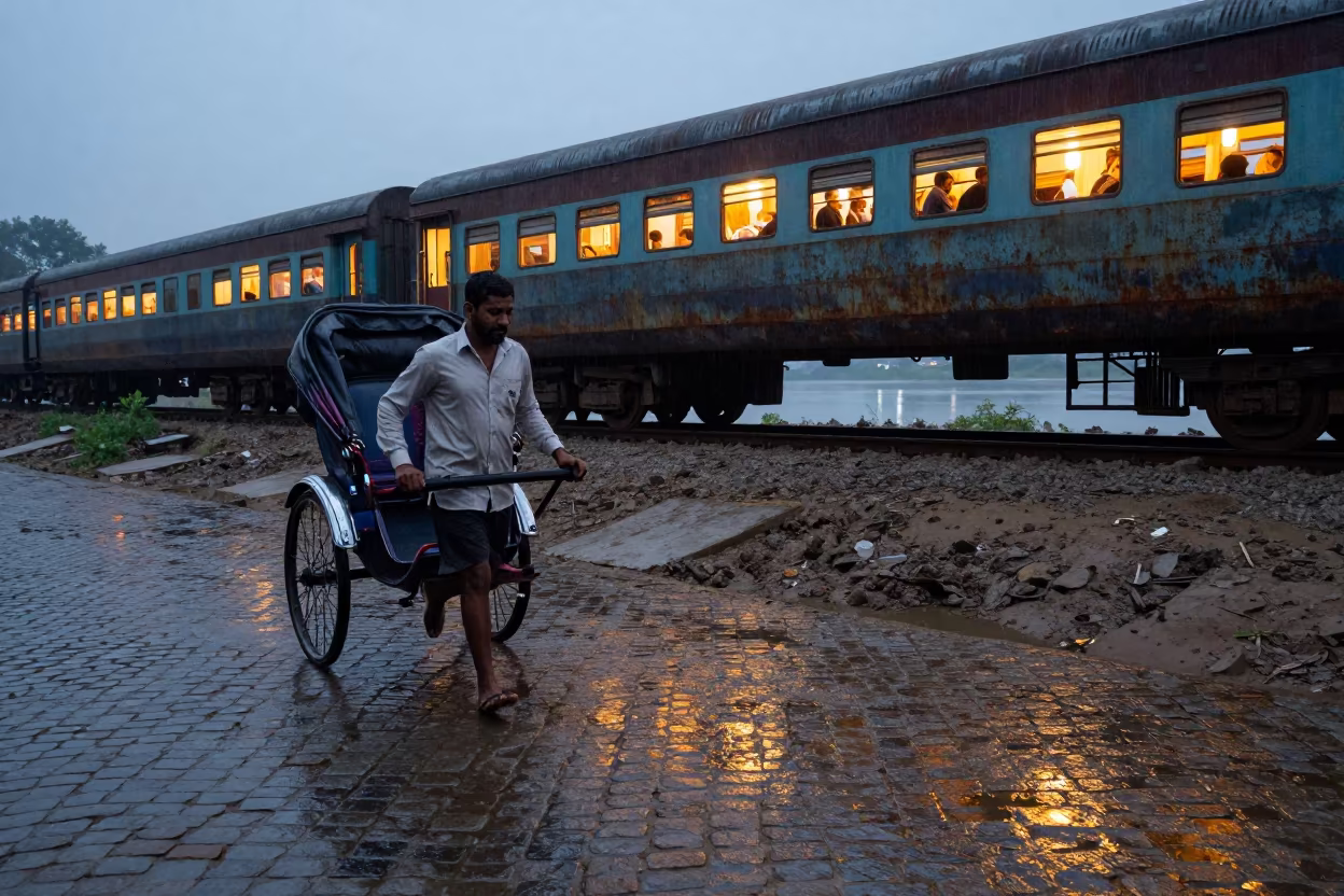 Rickshaw Puller Neon Dawn Chiniot Surreal in near a riverside landing in Chiniot