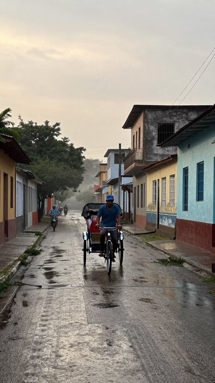 Rickshaw Puller in Rainy Afternoon Fog in near Ciudad del Carmen