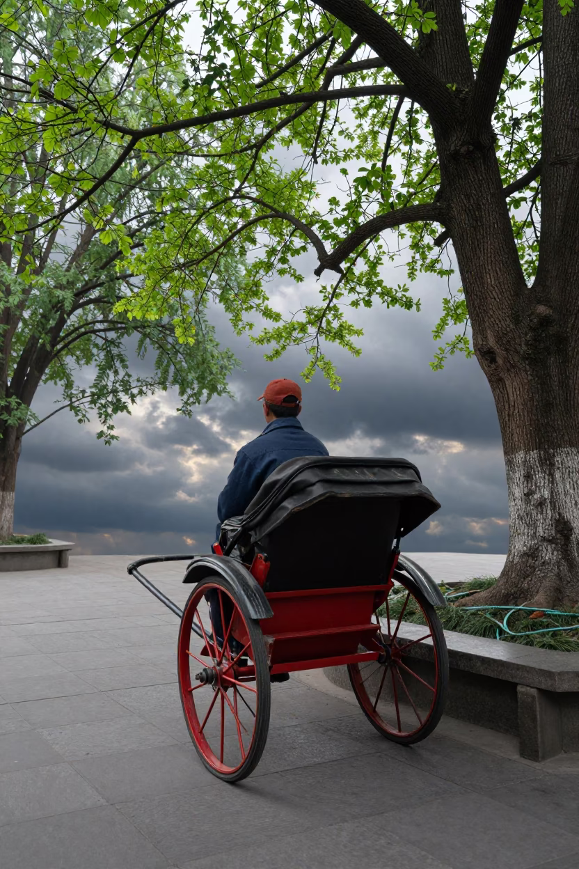 Rickshaw Puller Resting in Chengdu Park Shade in in People's Park, Chengdu
