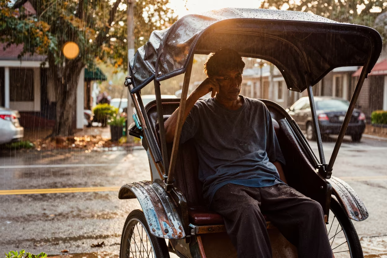 Rickshaw Puller Resting in Jacksonville Evening Shade in in Jacksonville