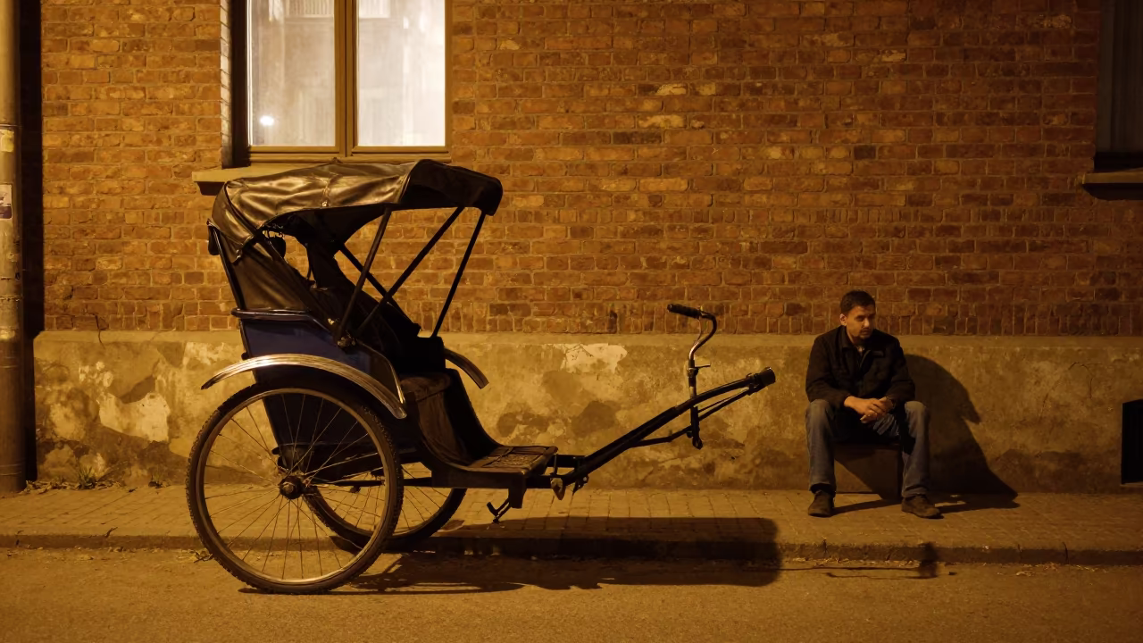 Rickshaw Puller Resting in Night Shade Vilnius in near Vilnius
