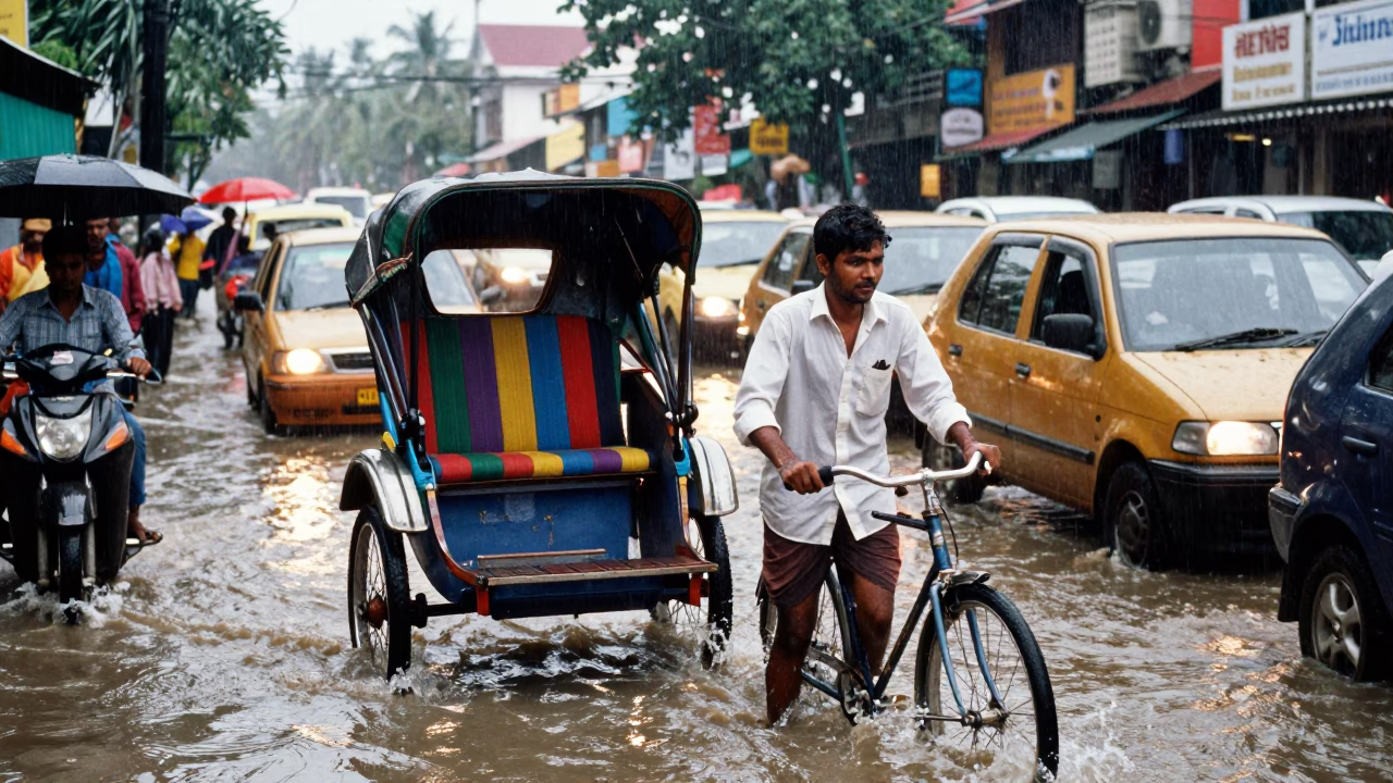 Rickshaw Runner in Heavy Monsoon Traffic Kochi India Late Afternoon Street Scene in in Kochi, India