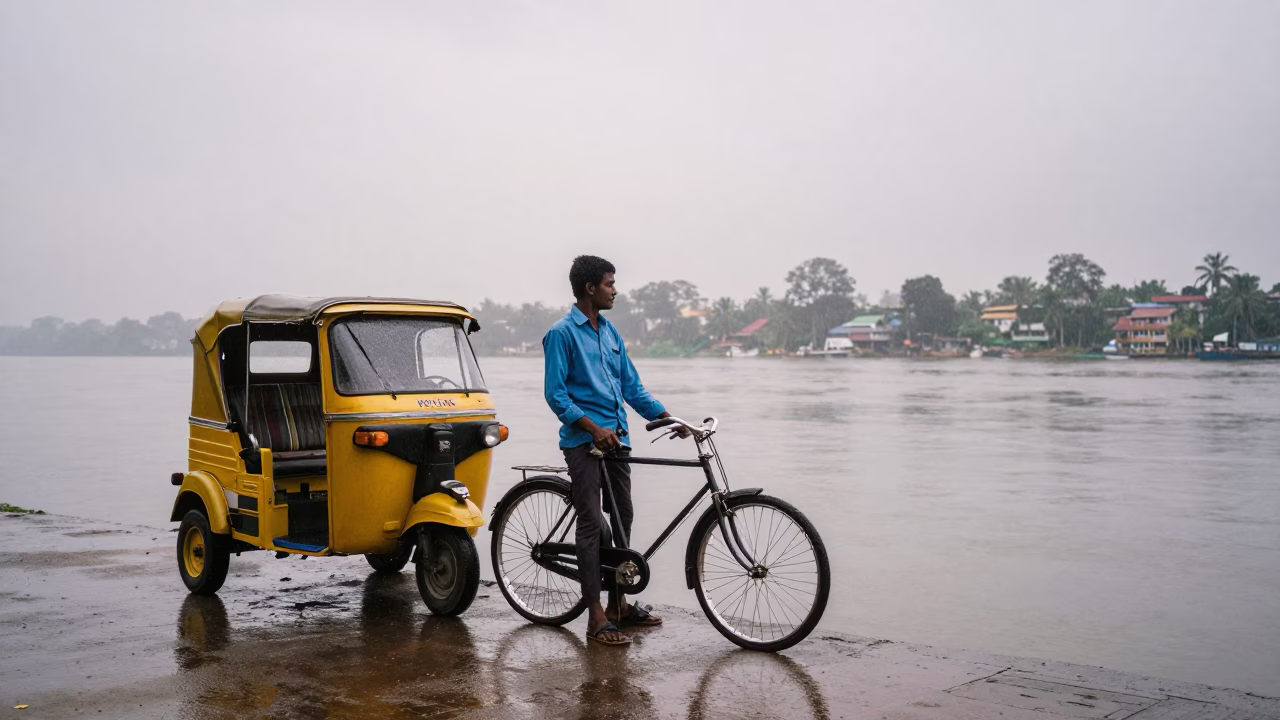 Rickshaw Runner in Monsoon Fog by Colombo River in by a riverbank near Colombo