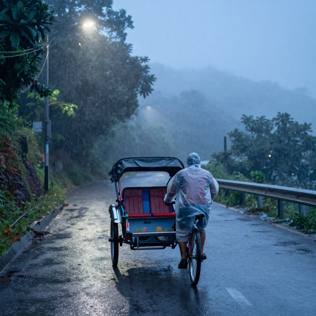 Rickshaw Runner in Monsoon Midnight Fog in on a mountain path near Bangkok