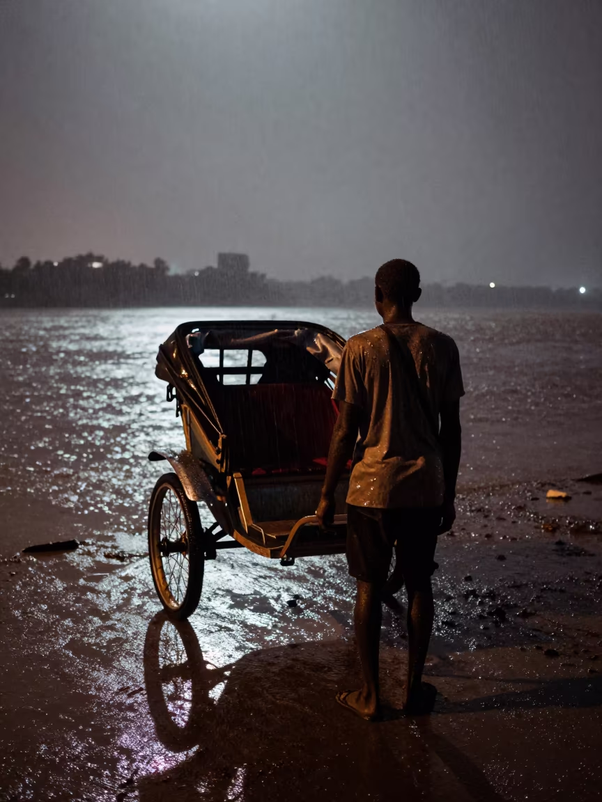 Rickshaw Runner in Monsoon Night Maputo in by a riverbank near Maputo