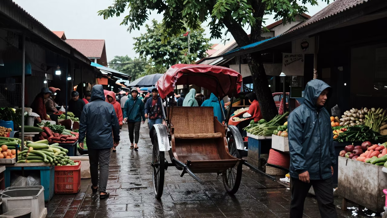 Rickshaw in Semarang Bazaar Monsoon Light in in a covered bazaar aisle in Semarang