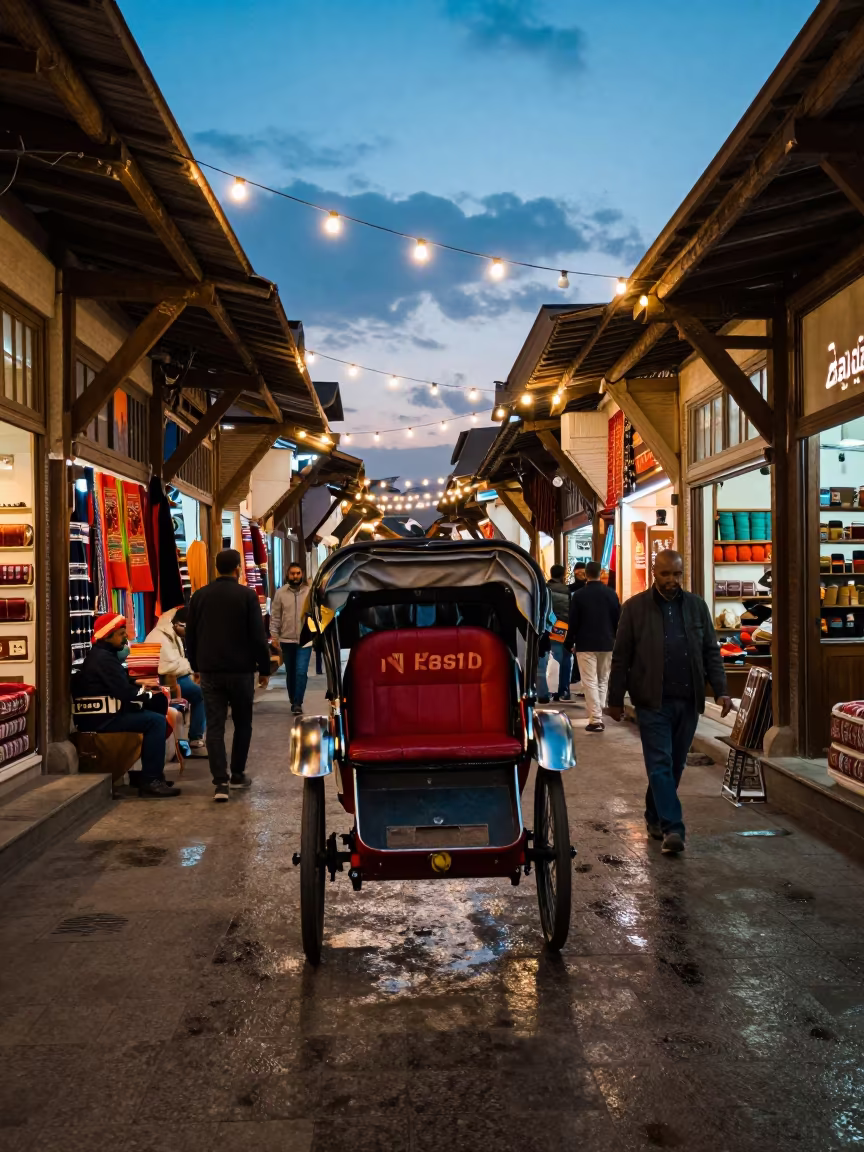 Rickshaw in Tehran Bazaar at Blue Hour in in a covered bazaar aisle in Darakeh, Tehran