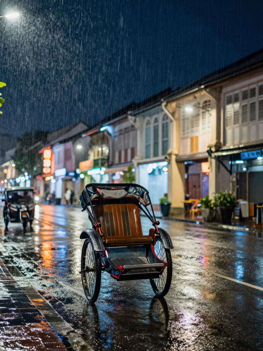 Rickshaw Under Deep Night Sky in George Town Malaysia Monsoon Rain in in George Town, Malaysia