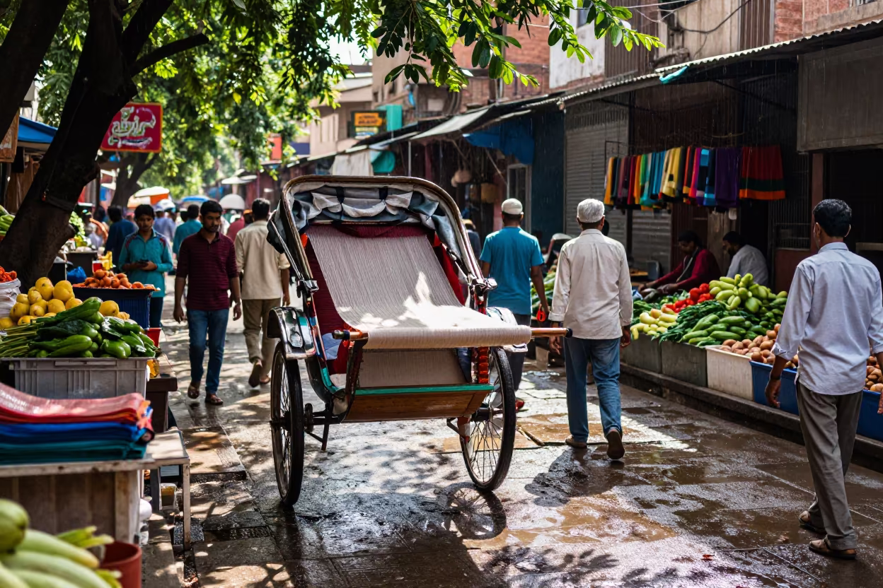 Rickshaw Weaving Old Delhi Bazaar Midday in at a floating market boat in Ningbo