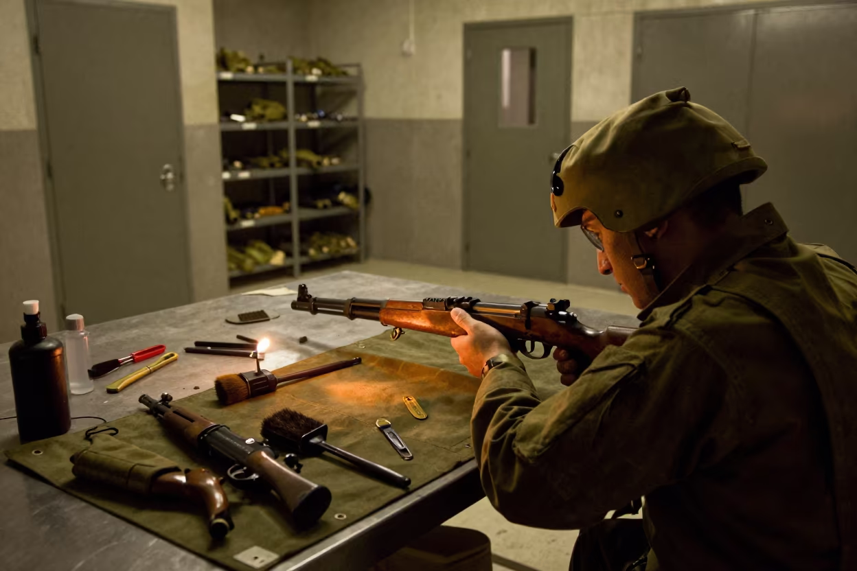 Rifle Cleaning Mat in Ohio Barracks Midnight Firelight in inside a barracks corridor in Ohio