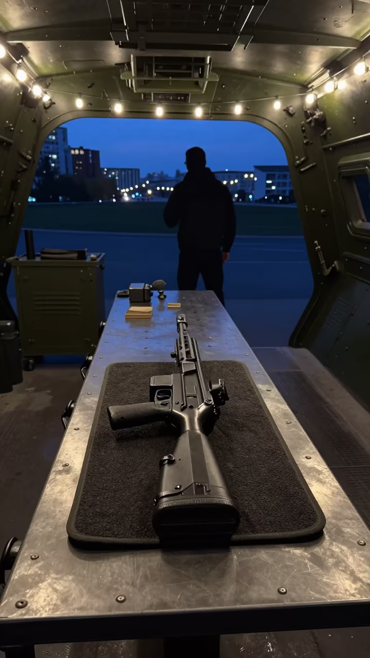 Rifle Mat Bench in Bucharest Armory Bay at Dusk in in an armored vehicle bay near Bucharest