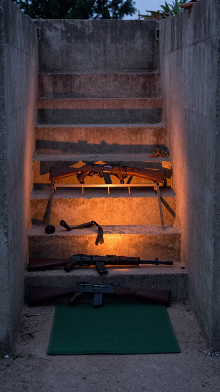 Rifle Mat on Bunker Stairwell Before Dawn in inside a bunker stairwell in Porto-Novo