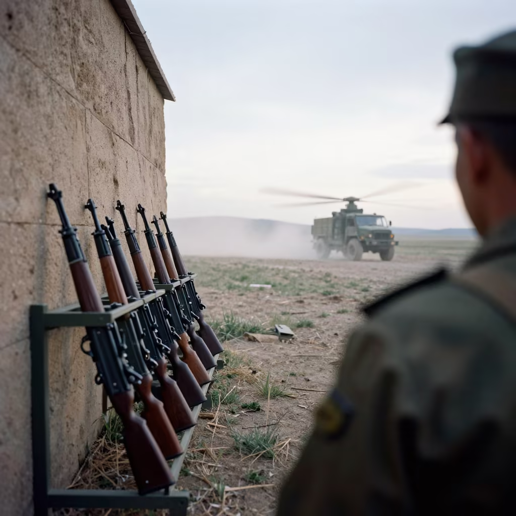 Rifle Rack in Mongolian Armory During Convoy Stop in beside a convoy halt on open ground in Mongolia