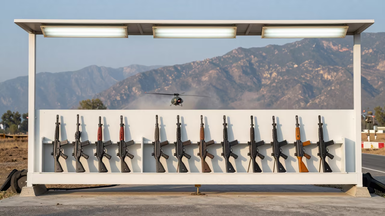 Rifle Rack Wall at Himachal Checkpoint Late Afternoon in at a checkpoint lane in Himachal Pradesh