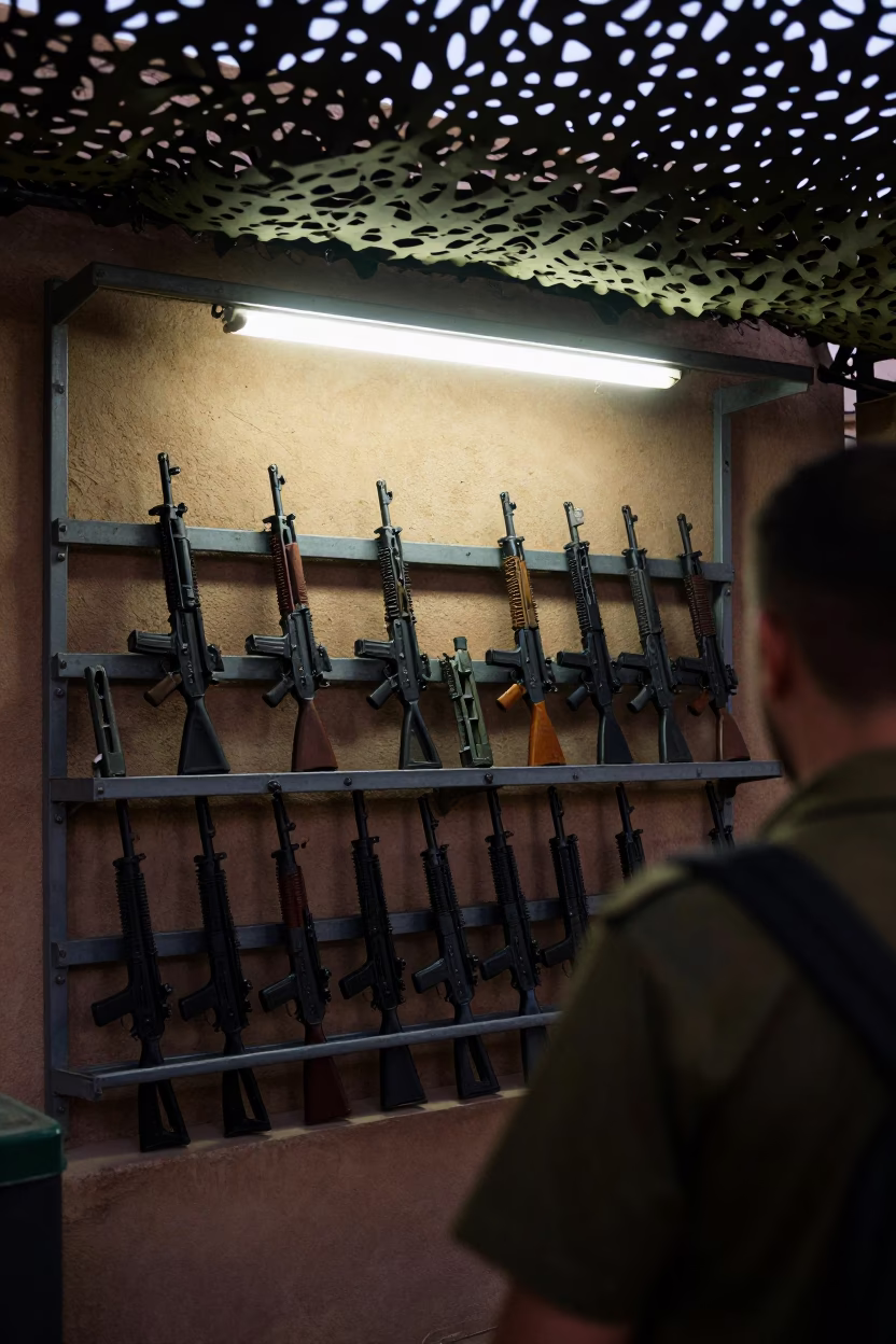 Rifle Rack Wall in Marrakech Armory in beneath a camouflage net shelter in Gueliz, Marrakech