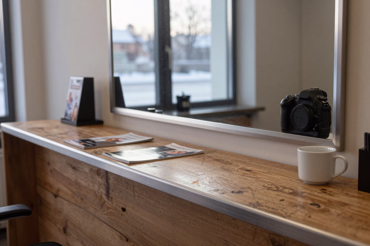 Riga Salon Counter Dawn Light in at a salon reception counter in Riga