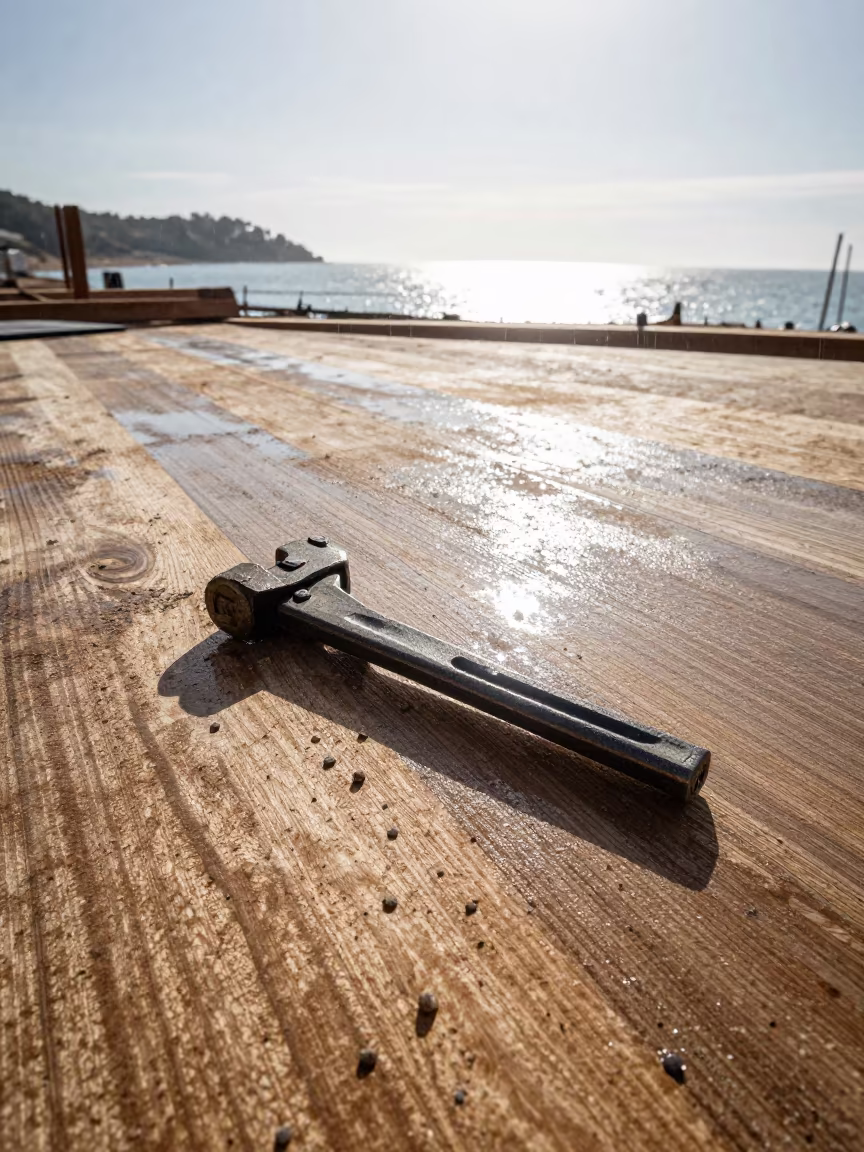 Rigging Tag Punch on Wet Autumn Construction Deck in on an active construction deck in Catalonia