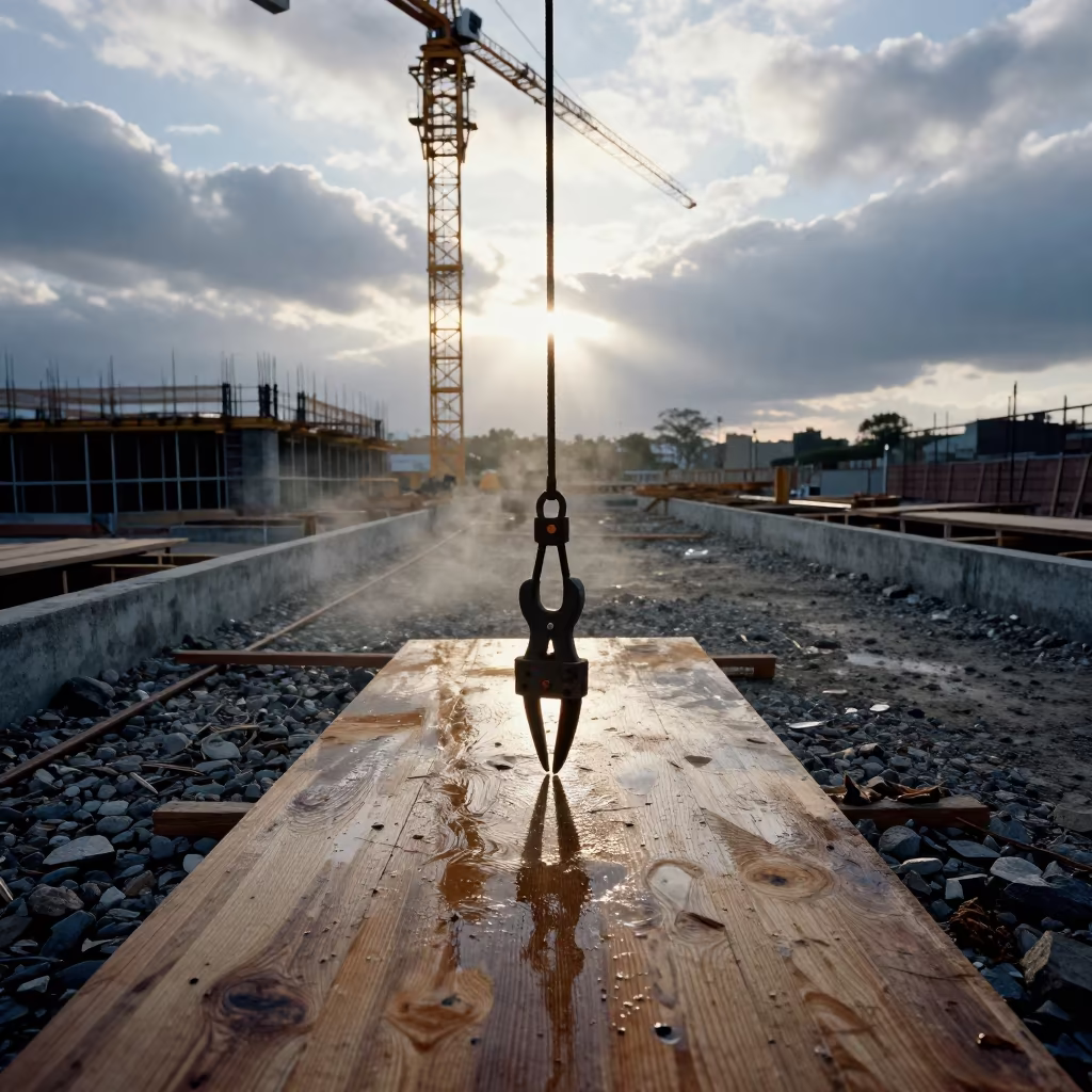 Rigging Tag Punch on Wet Construction Ground in beneath a tower crane on open ground in Coro