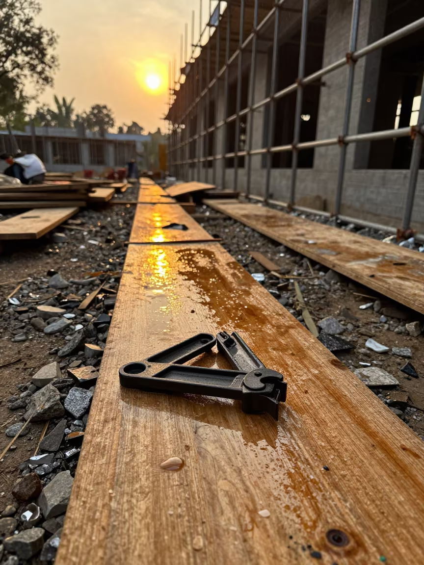 Rigging Tag Punch on Wet Kashmir Scaffolding in along a scaffolded facade in Kashmir