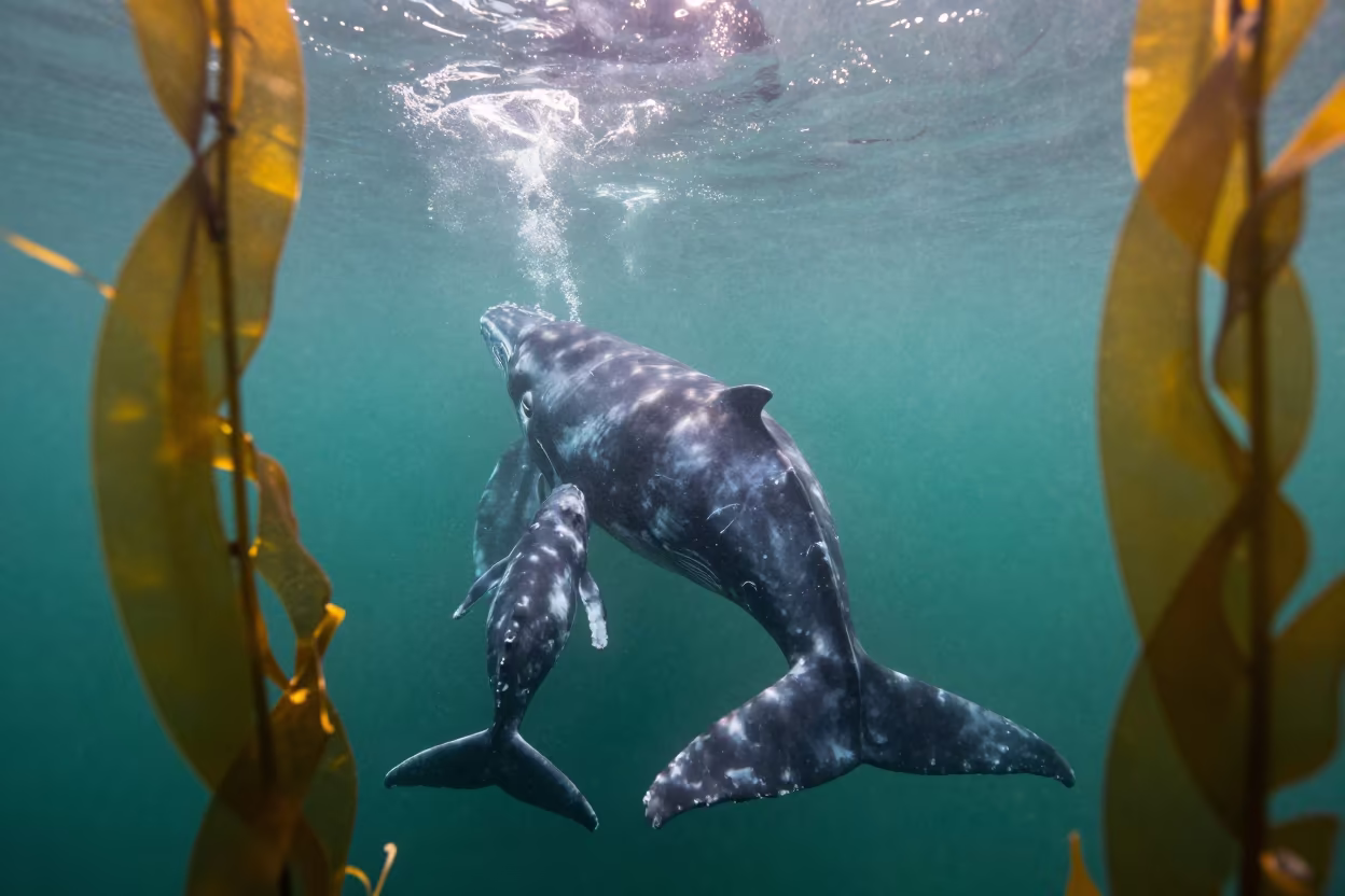 Right Whale Mother Nursing Calf Under Kelp in through a forest of kelp fronds near Cartagena