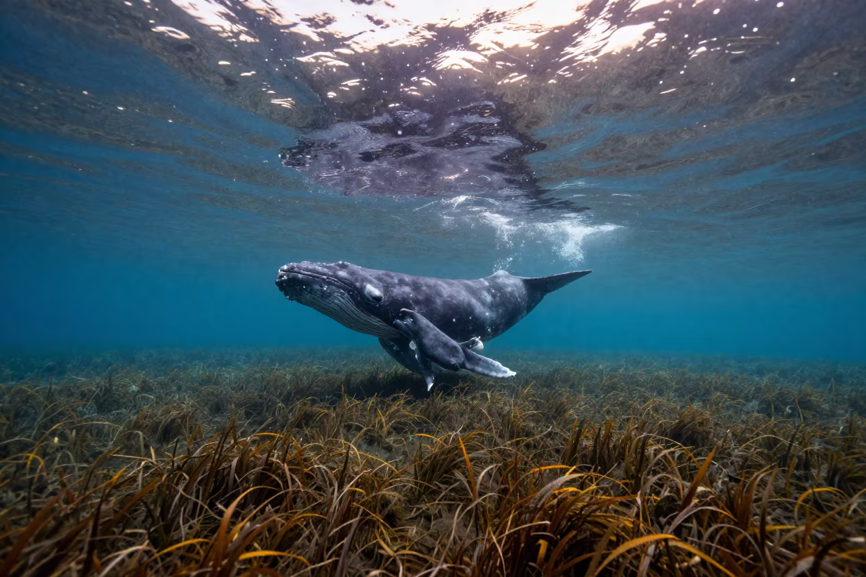 Right Whale Mother Nursing Calf Sardinia in above a seagrass meadow in Sardinia