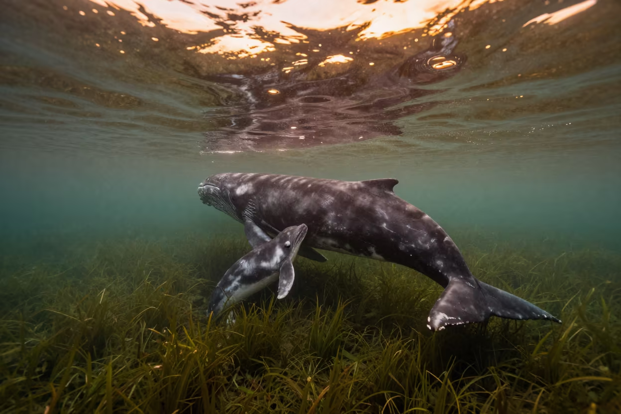 Right Whale Mother Nursing Calf in Senegal Seagrass in above a seagrass meadow in Senegal