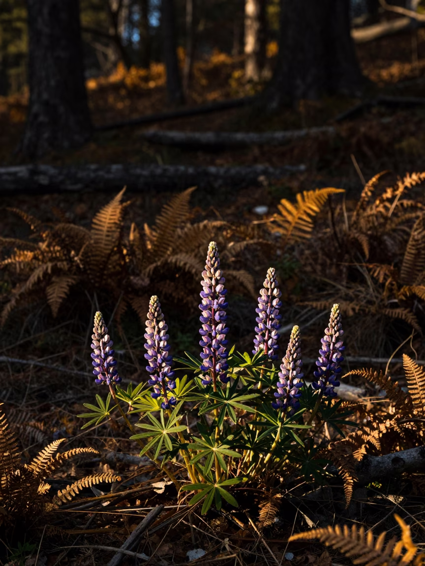 Rim Lit Lupine in Punjab Shadow in on a fern-lined forest floor in Punjab