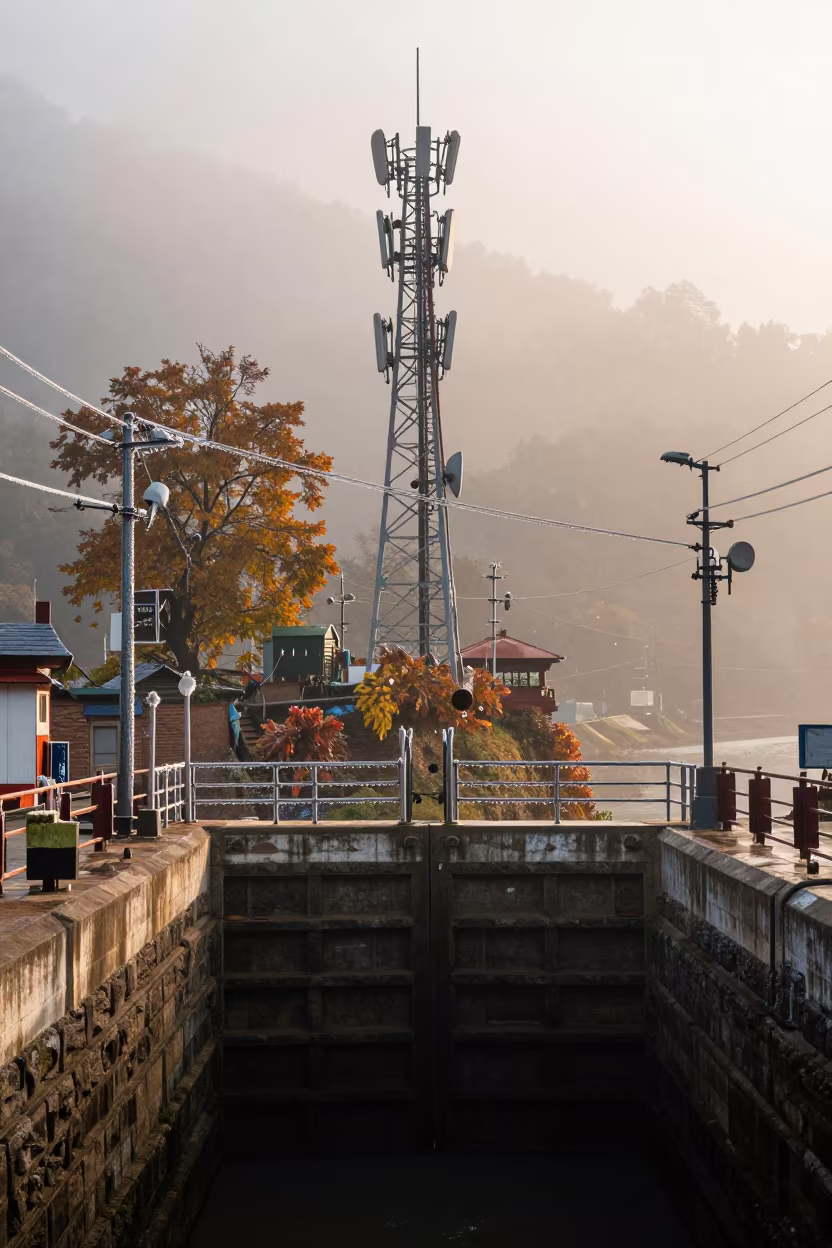 Rime-Covered Mast at Nepal Lock in Golden Mist in at a canal lock chamber in Nepal