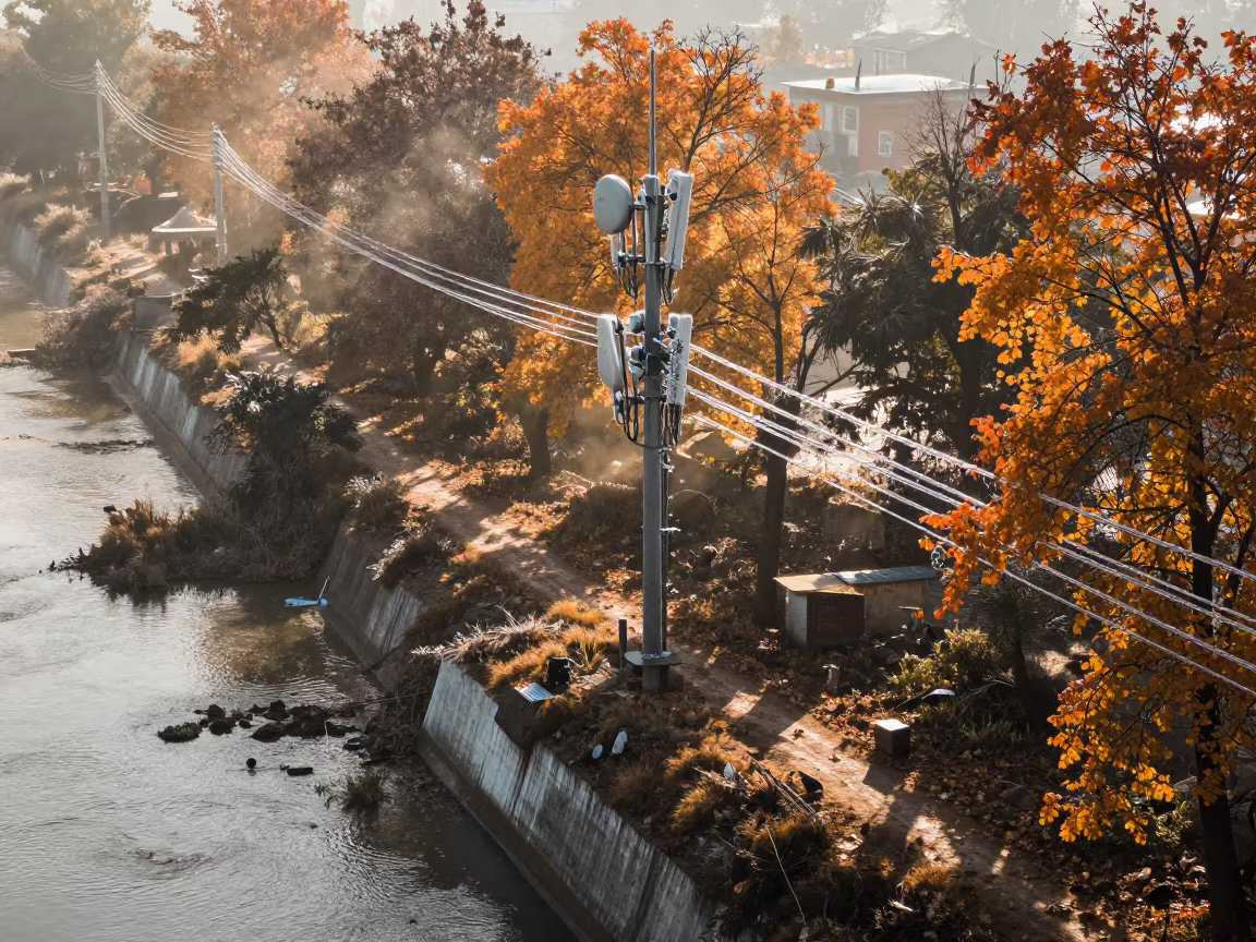 Rime-Covered Mast on Thimphu Ridge in along a levee path above floodwater near Thimphu