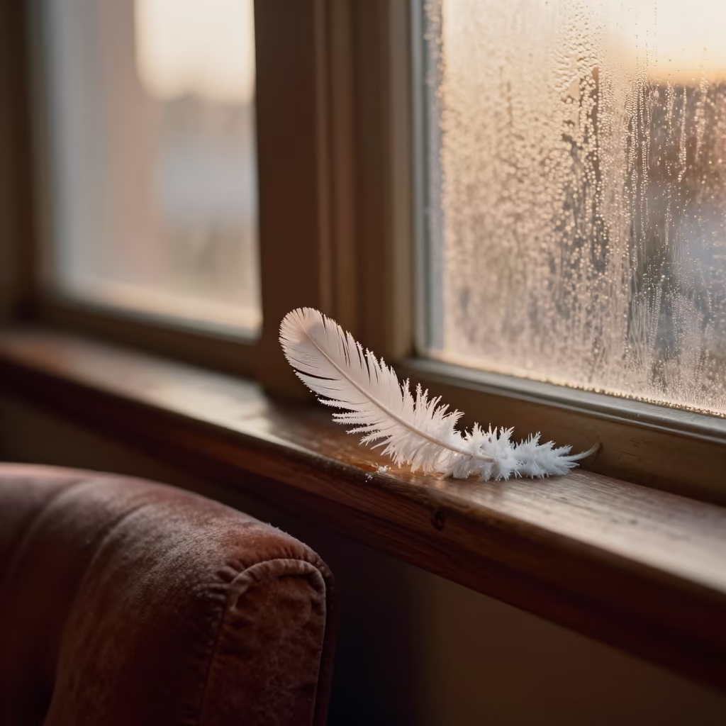 Rime Frost Feathers on Velvet Chair in Evening Light in on a velvet chair in Barbacena