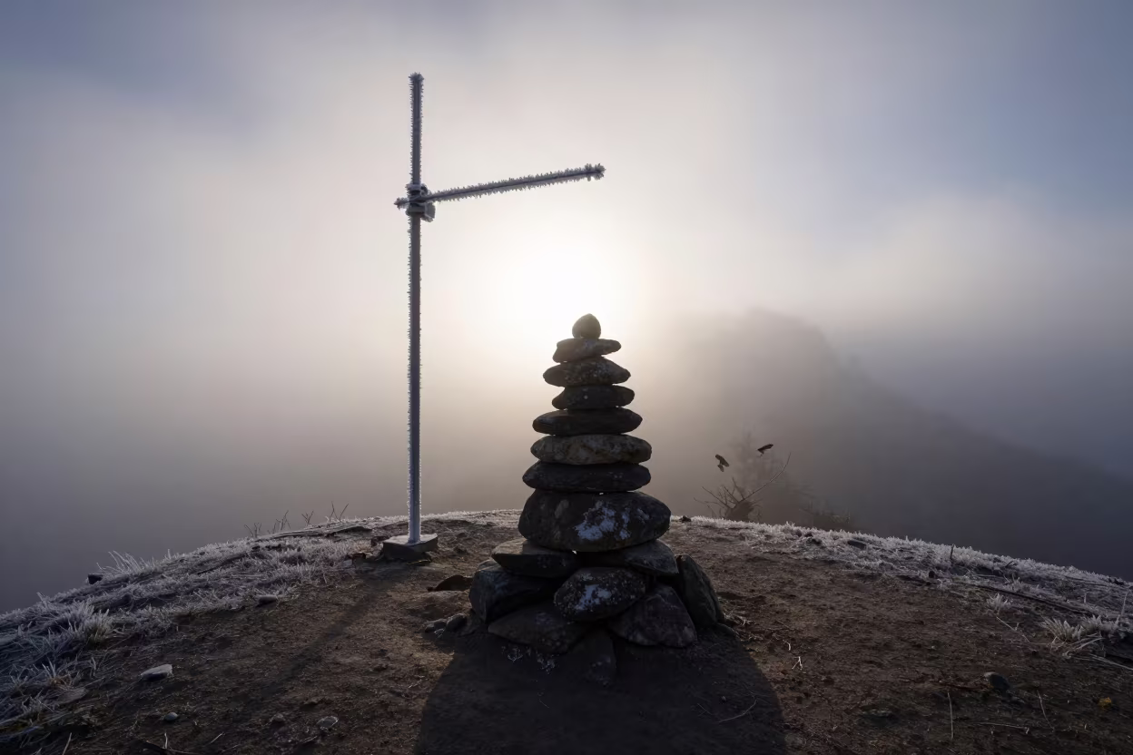 Rime Ice Coated Antenna on Shimla Summit at Dawn in beside a summit cairn above the tree line near Shimla
