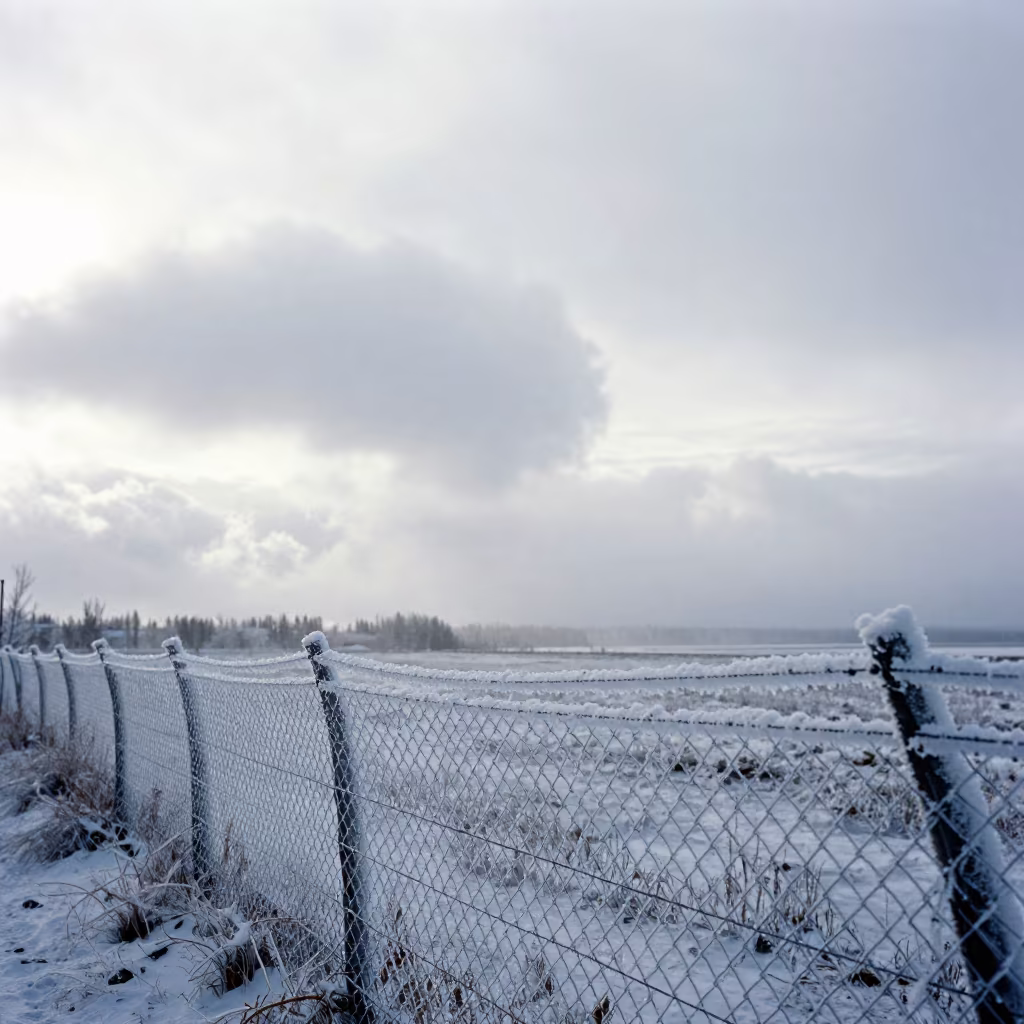 Rime Ice Coated Wire Fence Over Anchorage Thunderheads in over a horizon of stacked thunderheads near Anchorage