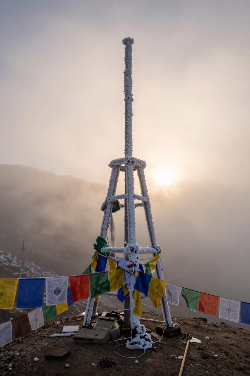 Rime Ice Coating Mountain Antenna Under Prayer Flags in along a high mountain pass beneath prayer flags near Shimla
