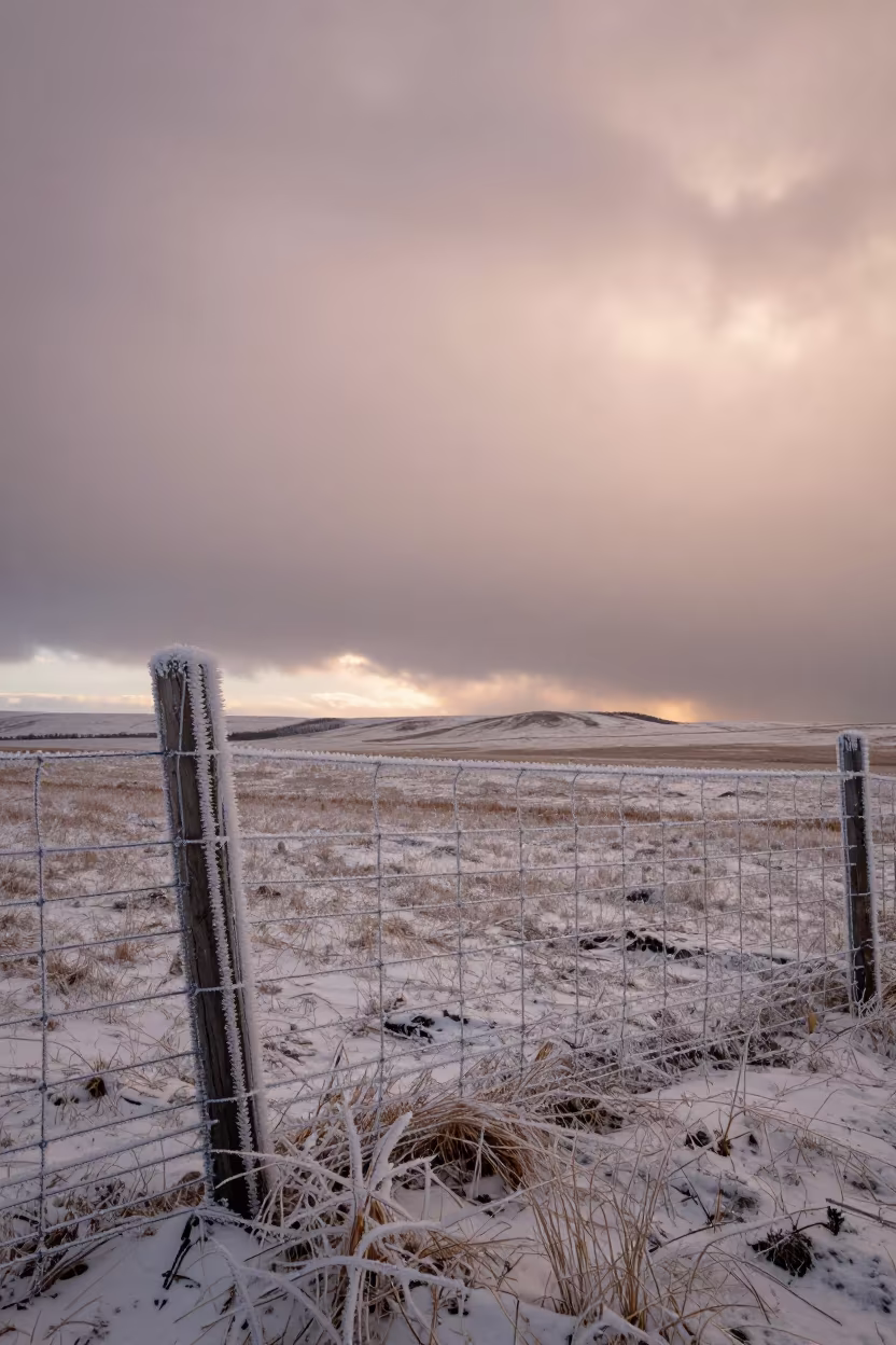Rime Ice Coating Wire Fence Alberta Plain in across a storm-bright plain in Alberta