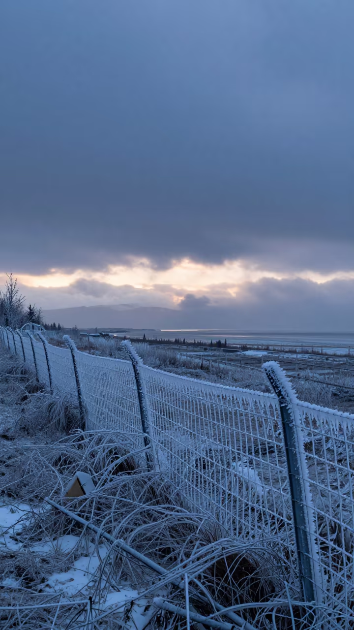 Rime Ice Coating Wire Fence Above Anchorage Storm Clouds in over a horizon of stacked thunderheads near Anchorage