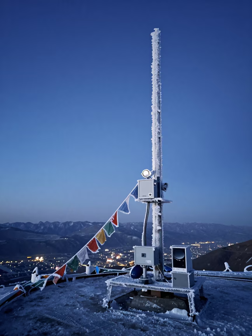 Rime Ice on Lhasa Summit Weather Station in along a high mountain pass beneath prayer flags near Lhasa
