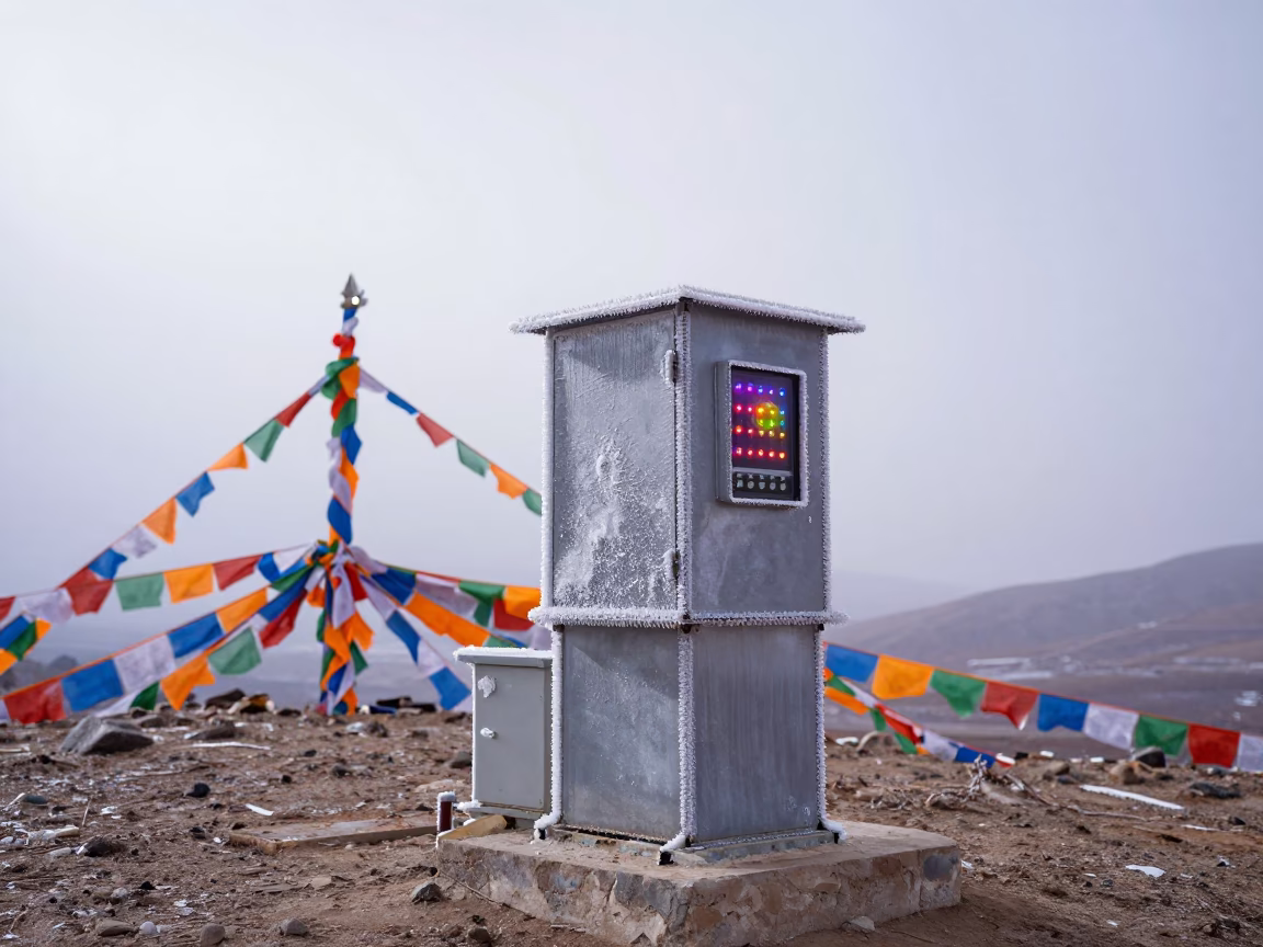 Rime Ice on Lhasa Weather Station Summit in on a wind-cut ridge below prayer flag lines near Lhasa