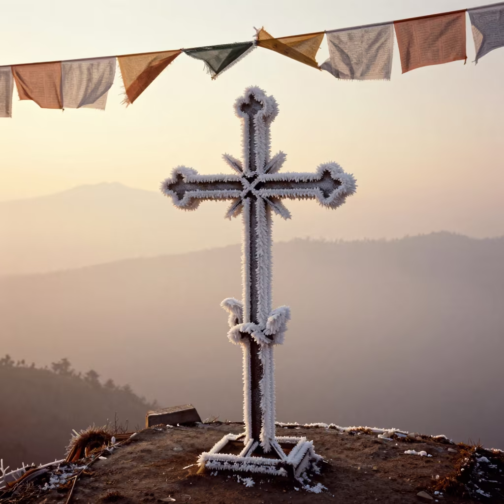 Rime Ice Monster on Summit Cross at Golden Hour in on a wind-cut ridge below prayer flag lines near Kathmandu